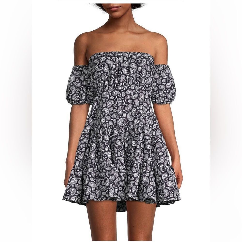 LIKELY Marty Off-Shoulder Paisley Navy Blue Mini Dress. NWOT. Size 10